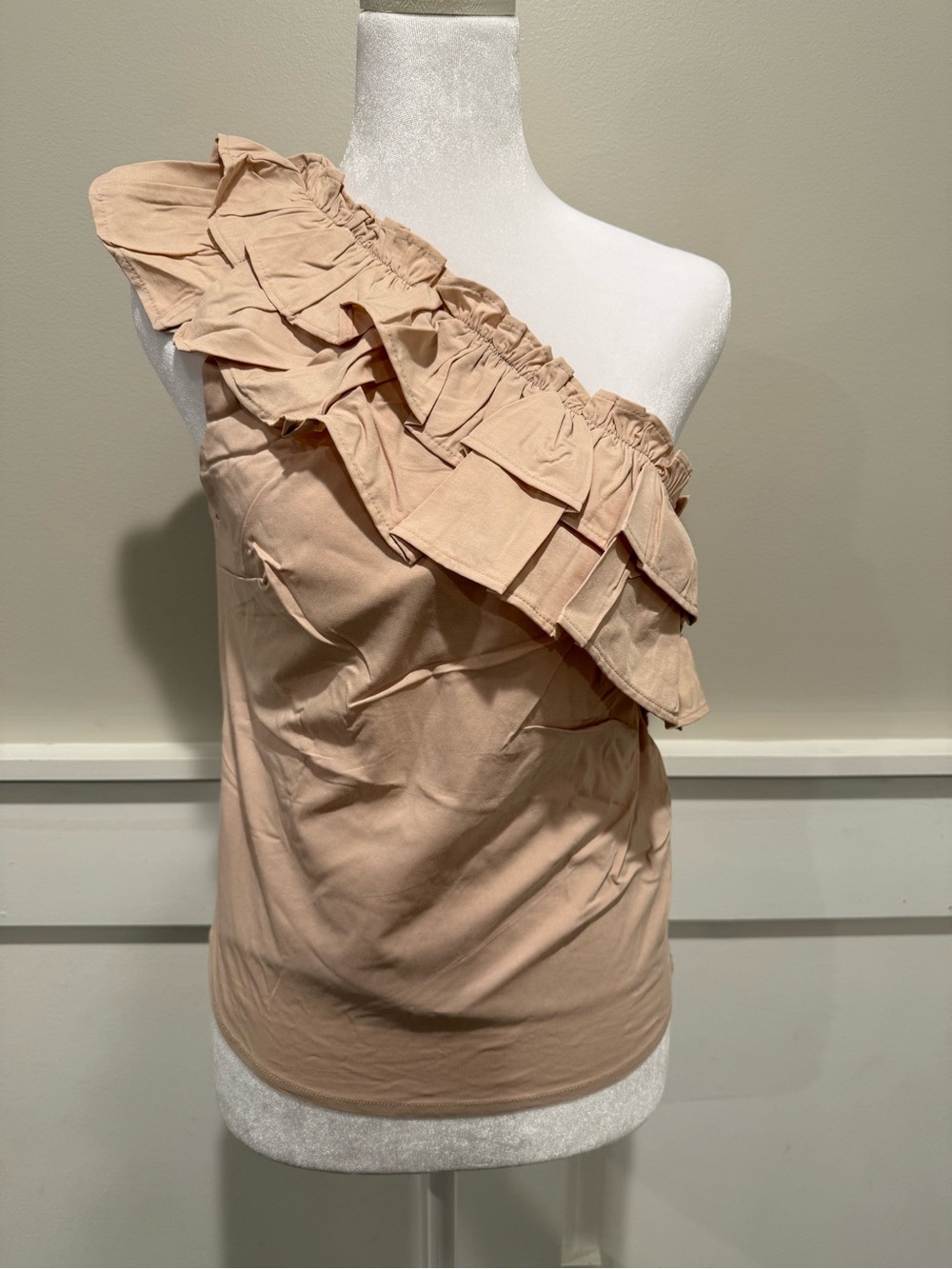 Beige One Shoulder Ruffle Blouse – Size L